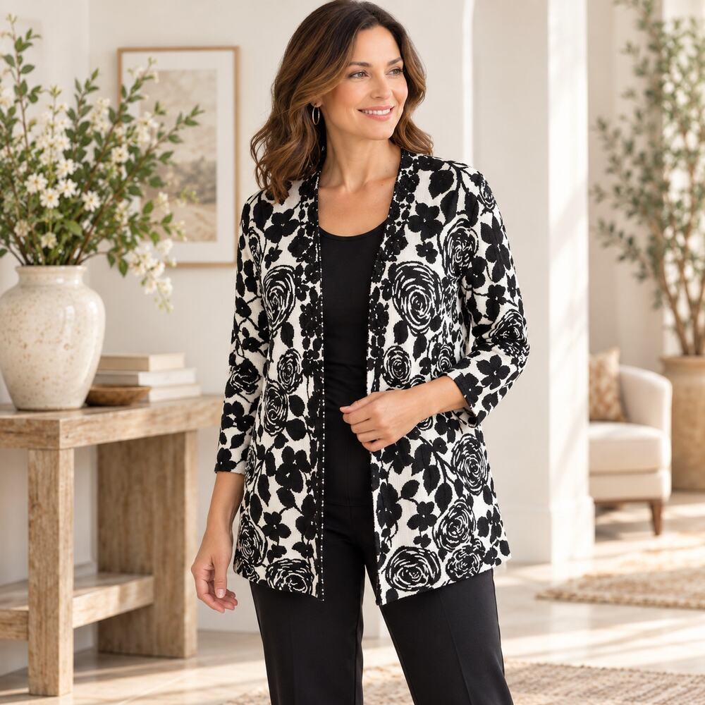 Chico's Cardigan Sweater Black White Floral Beaded SZS Career
